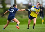 20 March 2024; Ava Kelly of Sacred Heart School in action against Ellie Flanagan of Our Lady's Secondary School during the 2024 Lidl LGFA All-Ireland Post-Primary Schools Senior A final match between Our Lady’s Secondary School of Castleblaney, Monaghan, and Sacred Heart School of Westport, Mayo, at St Rynagh’s GAA club in Banagher, Offaly. Photo by Tyler Miller/Sportsfile
