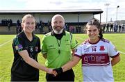 20 March 2024; Referee Gus Chapman with team captain Meadhbh Hanley of Dunmore Community School and Mia Bennett of St Columba's Comprehensive School before the Lidl LGFA All-Ireland Post Primary School Senior C Championship final match between St Columba's Comprehensive School of Glenties, Donegal, and Dunmore Community School in Galway at Kilcoyne Park in Tubbercurry, Sligo. Photo by Piaras Ó Mídheach/Sportsfile