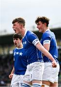 20 March 2024; Eoin Farrell of St Mary’s College celebrates a turnover during the Bank of Ireland Leinster Schools Junior Cup final match between St Mary's College and Terenure College at Energia Park in Dublin. Photo by Harry Murphy/Sportsfile