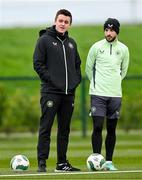18 March 2024; Communications manager Kieran Crowley and Mikey Johnston during a Republic of Ireland training session at the FAI National Training Centre in Abbotstown, Dublin. Photo by Stephen McCarthy/Sportsfile