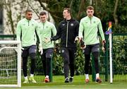 18 March 2024; Goalkeeping coach Rene Gilmartin with goalkeepers, from left, Gavin Bazunu, Brian Maher and Mark Travers during a Republic of Ireland training session at the FAI National Training Centre in Abbotstown, Dublin. Photo by Stephen McCarthy/Sportsfile