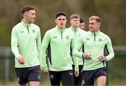 18 March 2024; Players, from left, Dara O'Shea, Jamie McGrath and Sammie Szmodics during a Republic of Ireland training session at the FAI National Training Centre in Abbotstown, Dublin. Photo by Stephen McCarthy/Sportsfile