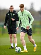 18 March 2024; Jake O'Brien and head of athletic performance Damien Doyle during a Republic of Ireland training session at the FAI National Training Centre in Abbotstown, Dublin. Photo by Stephen McCarthy/Sportsfile