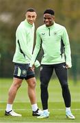 18 March 2024; Chiedozie Ogbene and Adam Idah, left, during a Republic of Ireland training session at the FAI National Training Centre in Abbotstown, Dublin. Photo by Stephen McCarthy/Sportsfile