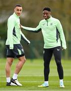18 March 2024; Chiedozie Ogbene and Adam Idah, left, during a Republic of Ireland training session at the FAI National Training Centre in Abbotstown, Dublin. Photo by Stephen McCarthy/Sportsfile
