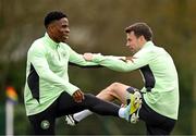 18 March 2024; Seamus Coleman, right, and Chiedozie Ogbene during a Republic of Ireland training session at the FAI National Training Centre in Abbotstown, Dublin. Photo by Stephen McCarthy/Sportsfile