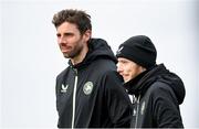 18 March 2024; Athletic therapist Sam Rice and physiotherapist David Breen during a Republic of Ireland training session at the FAI National Training Centre in Abbotstown, Dublin. Photo by Stephen McCarthy/Sportsfile