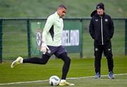18 March 2024; Technical advisor Brian Kerr and goalkeeper Gavin Bazunu during a Republic of Ireland training session at the FAI National Training Centre in Abbotstown, Dublin. Photo by Stephen McCarthy/Sportsfile