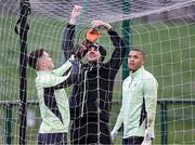 18 March 2024; Interim head coach John O'Shea with goalkeepers Brian Maher, left, and Gavin Bazunu, right, during a Republic of Ireland training session at the FAI National Training Centre in Abbotstown, Dublin. Photo by Stephen McCarthy/Sportsfile