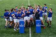 20 March 2024; St Mary’s College captain Eoin Farrell lifts the trophy after his side's victory in the Bank of Ireland Leinster Schools Junior Cup final match between St Mary's College and Terenure College at Energia Park in Dublin. Photo by Harry Murphy/Sportsfile