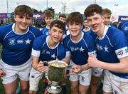 20 March 2024; St Mary's College players, left to right, Reuben Montague, Jack Fogarty, Nic Sheehan, and Donal Manzor, celebrate after the Bank of Ireland Leinster Schools Junior Cup final match between St Mary's College and Terenure College at Energia Park in Dublin. Photo by Daire Brennan/Sportsfile