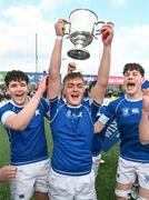 20 March 2024; Eoghan Brady of St Mary’s College lifts the cup after the Bank of Ireland Leinster Schools Junior Cup final match between St Mary's College and Terenure College at Energia Park in Dublin. Photo by Daire Brennan/Sportsfile
