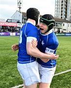20 March 2024; Gavan Fagan of St Mary’s College, left, and Thomas Quigley, celebrate after the Bank of Ireland Leinster Schools Junior Cup final match between St Mary's College and Terenure College at Energia Park in Dublin. Photo by Daire Brennan/Sportsfile