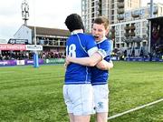 20 March 2024; Gavan Fagan of St Mary’s College, left, and Tom O’Keefe, celebrate after the Bank of Ireland Leinster Schools Junior Cup final match between St Mary's College and Terenure College at Energia Park in Dublin. Photo by Daire Brennan/Sportsfile