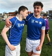 20 March 2024; Tom O’Keefe of St Mary’s College, left, and David Kenny, celebrate after the Bank of Ireland Leinster Schools Junior Cup final match between St Mary's College and Terenure College at Energia Park in Dublin. Photo by Daire Brennan/Sportsfile