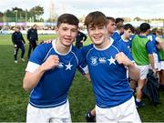 20 March 2024; Jack Fogarty of St Mary’s College, left, and Nic Sheehan, celebrate after the Bank of Ireland Leinster Schools Junior Cup final match between St Mary's College and Terenure College at Energia Park in Dublin. Photo by Daire Brennan/Sportsfile