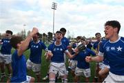 20 March 2024; Eoin Farrell of St Mary’s College celebrates with team-mates after the Bank of Ireland Leinster Schools Junior Cup final match between St Mary's College and Terenure College at Energia Park in Dublin. Photo by Daire Brennan/Sportsfile
