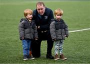 20 March 2024; St Mary's College coach Jamie Cornett celebrates with his sons Luke and Timothy, aged 3, after the Bank of Ireland Leinster Schools Junior Cup final match between St Mary's College and Terenure College at Energia Park in Dublin. Photo by Daire Brennan/Sportsfile