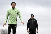 18 March 2024; Interim head coach John O'Shea and Andrew Omobamidele during a Republic of Ireland training session at the FAI National Training Centre in Abbotstown, Dublin. Photo by Stephen McCarthy/Sportsfile