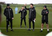 18 March 2024; Assistant coach Paddy McCarthy with, from left, interim head coach John O'Shea, analyst Stephen Rice and assistant coach Glenn Whelan during a Republic of Ireland training session at the FAI National Training Centre in Abbotstown, Dublin. Photo by Stephen McCarthy/Sportsfile