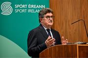 21 March 2024; Minister for Tourism, Culture, Arts, Gaeltacht, Sport and Media Catherine Martin TD and Minister of State for Sport and Physical Education Thomas Byrne TD announce record investment of almost €30 million in core funding support to sporting organisations. Speaking at the announcement is Sport Ireland chairperson John Foley at the Sport Ireland Conference Centre in Blanchardstown, Dublin. Photo by Sam Barnes/Sportsfile