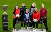 21 March 2024; Players, from left, Bohemians' Aoibhe Brennan, Peamount United's Louise Masterson, Shelbourne's Lucy O'Rourke, Cliftonville's Vicky Carleton, Glentoran's Aimee Neal and Galway United captain Lynsey McKey at the launch of Avenir Sports All-Island Cup 2024 at the FAI Headquarters in Abbotstown, Dublin. Photo by Stephen McCarthy/Sportsfile