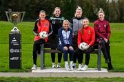 21 March 2024; Players, from left, Bohemians' Aoibhe Brennan, Peamount United's Louise Masterson, Shelbourne's Lucy O'Rourke, Cliftonville's Vicky Carleton, Glentoran's Aimee Neal and Galway United captain Lynsey McKey at the launch of Avenir Sports All-Island Cup 2024 at the FAI Headquarters in Abbotstown, Dublin. Photo by Stephen McCarthy/Sportsfile