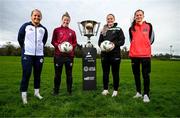 21 March 2024; Players, from left, Shelbourne's Lucy O'Rourke, Galway United captain Lynsey McKey, Peamount United's Louise Masterson and Bohemians' Aoibhe Brennan at the launch of Avenir Sports All-Island Cup 2024 at the FAI Headquarters in Abbotstown, Dublin. Photo by Stephen McCarthy/Sportsfile