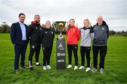 21 March 2024; At the launch of Avenir Sports All-Island Cup 2024 at the FAI Headquarters in Abbotstown, Dublin, are, from left, Neil Coleman, Head of communications & digital innovation at NI Football League, Crusaders Strikers head coach Jonathan Tuffey, Glentoran head coach Kim Turner, Glentoran's Aimee Neal, Cliftonville's Vicky Carleton and Glentoran manager Billy Clarke. Photo by Stephen McCarthy/Sportsfile