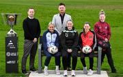 21 March 2024; At the launch of Avenir Sports All-Island Cup 2024 held at the FAI Headquarters in Abbotstown, Dublin, are, from left, League of Ireland director Mark Scanlon, Shelbourne's Lucy O'Rourke, Avenir Sports Northern Ireland operations manager Mark McAreavey, Peamount United's Louise Masterson, Bohemians' Aoibhe Brennan and Galway United captain Lynsey McKey. Photo by Stephen McCarthy/Sportsfile