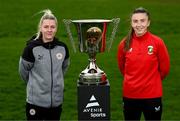 21 March 2024; Cliftonville's Vicky Carleton, left, and Glentoran's Aimee Neal at the launch of Avenir Sports All-Island Cup 2024 at the FAI Headquarters in Abbotstown, Dublin. Photo by Stephen McCarthy/Sportsfile