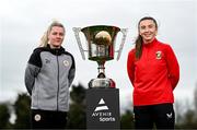 21 March 2024; Cliftonville's Vicky Carleton, left, and Glentoran's Aimee Neal at the launch of Avenir Sports All-Island Cup 2024 at the FAI Headquarters in Abbotstown, Dublin. Photo by Stephen McCarthy/Sportsfile