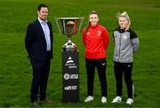 21 March 2024; Neil Coleman, Head of communications & digital innovation at NI Football League, with Glentoran's Aimee Neal and Cliftonville's Vicky Carleton at the launch of Avenir Sports All-Island Cup 2024 at the FAI Headquarters in Abbotstown, Dublin. Photo by Stephen McCarthy/Sportsfile