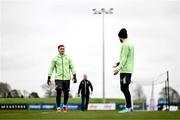 21 March 2024; Goalkeeper Brian Maher and Mikey Johnston during a Republic of Ireland training session at the FAI National Training Centre in Abbotstown, Dublin. Photo by Stephen McCarthy/Sportsfile