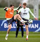 21 March 2024; Seamus Coleman, left, and Nathan Collins during a Republic of Ireland training session at the FAI National Training Centre in Abbotstown, Dublin. Photo by Stephen McCarthy/Sportsfile