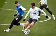 21 March 2024; Robbie Brady and Matt Doherty, left, during a Republic of Ireland training session at the FAI National Training Centre in Abbotstown, Dublin. Photo by Stephen McCarthy/Sportsfile
