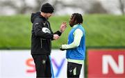 21 March 2024; Interim head coach John O'Shea and Michael Obafemi during a Republic of Ireland training session at the FAI National Training Centre in Abbotstown, Dublin. Photo by Stephen McCarthy/Sportsfile