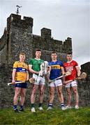 21 March 2024; In attendance are hurlers, from left, Shane Meehan of Clare, Declan Hannon of Limerick, Ronan Maher of Tipperary and Sean O’Donoghue of Cork at the launch of the Munster GAA Senior Hurling and Football Championship 2024 at Cahir Castle in Tipperary. Photo by Harry Murphy/Sportsfile
