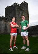 21 March 2024; Footballers Matty Taylor of Cork and Paul Maher of Limerick pictured at the launch of the Munster GAA Senior Hurling and Football Championship 2024 at Cahir Castle in Tipperary. Photo by Harry Murphy/Sportsfile
