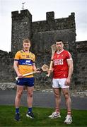 21 March 2024; Hurlers Shane Meehan of Clare and Sean O’Donoghue of Cork pictured at the launch of the Munster GAA Senior Hurling and Football Championship 2024 at Cahir Castle in Tipperary. Photo by Harry Murphy/Sportsfile