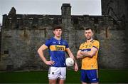 21 March 2024; Footballers Steven O’Brien of Tipperary and Cillian Brennan of Clare pictured at the launch of the Munster GAA Senior Hurling and Football Championship 2024 at Cahir Castle in Tipperary. Photo by Harry Murphy/Sportsfile