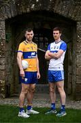 21 March 2024; Footballers Cillian Brennan of Clare and Jason Curry of Waterford pictured at the launch of the Munster GAA Senior Hurling and Football Championship 2024 at Cahir Castle in Tipperary. Photo by Harry Murphy/Sportsfile