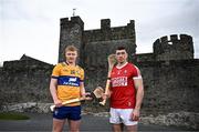 21 March 2024; Hurlers Shane Meehan of Clare and Sean O’Donoghue of Cork pictured at the launch of the Munster GAA Senior Hurling and Football Championship 2024 at Cahir Castle in Tipperary. Photo by Harry Murphy/Sportsfile