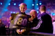 21 March 2024; Supporters Max McEvoy, age 5, and his father Dwayne McEvoy from Tullamore, Offaly,before the BetMGM Premier League Darts at the 3Arena in Dublin. Photo by Ben McShane/Sportsfile