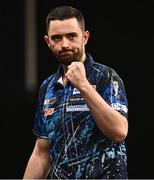 21 March 2024; Luke Humphries celebrates winning a leg during his match against Peter Wright at the BetMGM Premier League Darts at the 3Arena in Dublin. Photo by Ben McShane/Sportsfile