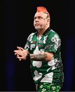 21 March 2024; Peter Wright celebrates after winning a leg during his match against Luke Humphries at the BetMGM Premier League Darts at the 3Arena in Dublin. Photo by Ben McShane/Sportsfile