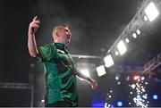 21 March 2024; Nathan Aspinall before his match against Rob Cross at the BetMGM Premier League Darts at the 3Arena in Dublin. Photo by Ben McShane/Sportsfile
