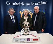 21 March 2024; Munster council chairman Ger Ryan with John and Carmel Dolan of SuperValu Cahir pictured at the launch of the Munster GAA Senior Hurling and Football Championship 2024 at Cahir Castle in Tipperary. Photo by Harry Murphy/Sportsfile