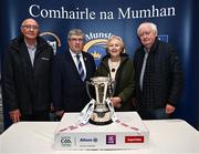 21 March 2024; In attendance, from left, Allianz customer relationship executive Stephen Mangan, Munster council chairman Ger Ryan and John and Carmel Dolan of SuperValu Cahir pictured at the launch of the Munster GAA Senior Hurling and Football Championship 2024 at Cahir Castle in Tipperary. Photo by Harry Murphy/Sportsfile