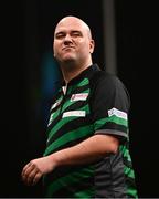 21 March 2024; Rob Cross reacts during his match against Nathan Aspinall at the BetMGM Premier League Darts at the 3Arena in Dublin. Photo by Ben McShane/Sportsfile